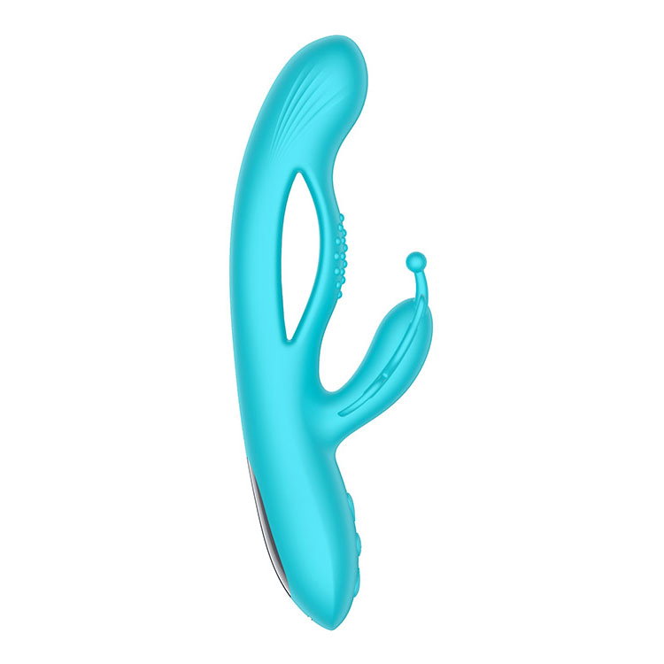 Adam & Eve Butterfly Embrace blue rabbit vibrator with curved shaft and butterfly clitoral stimulator